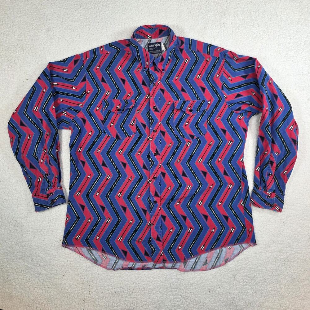 Vintage Wrangler Pink and Blue Zigzag Arrows Western Shirt Men's Size 17.5-36